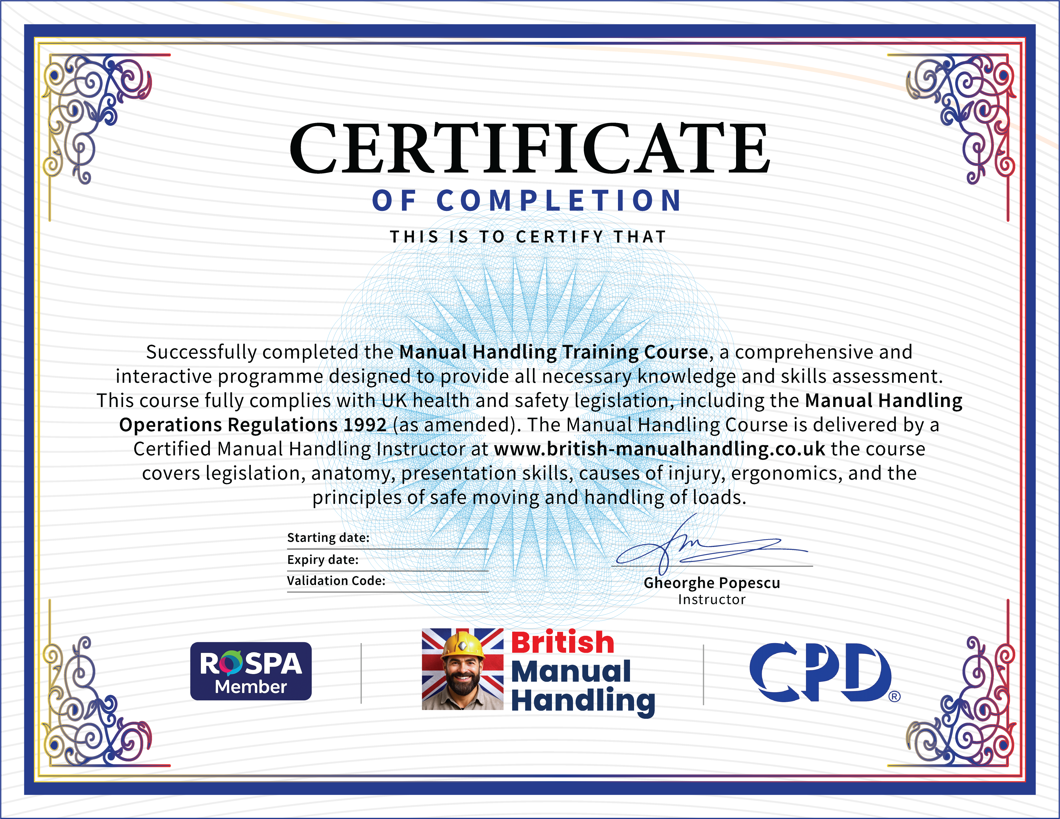 Manual Handling Certificate - Official HSE compliant certificate sample